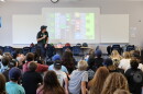 Kevin Baross, the San Diego County Bike Coalition's education manager, leads a bike safety presentation at Oak Crest Middle School in Encinitas on Aug. 17, 2026.