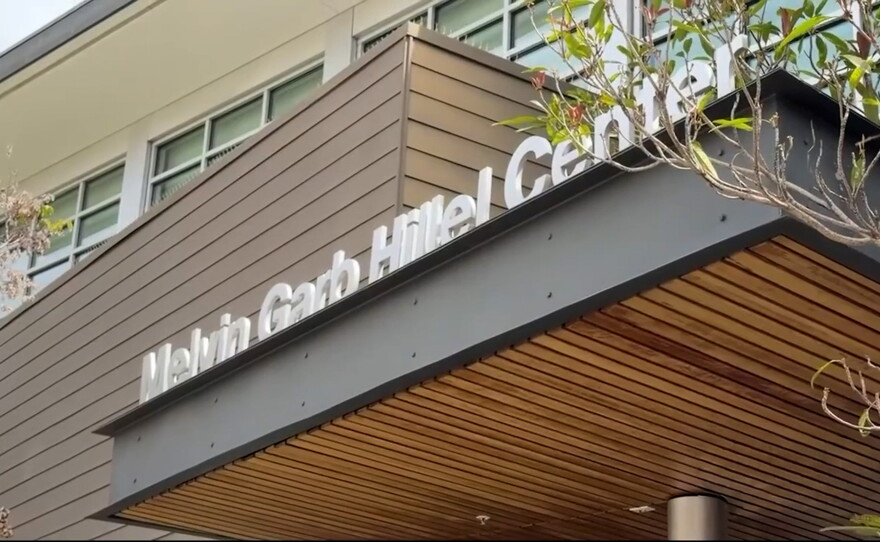 The sign above the Melvin Garb Hillel Center at San Diego State University is shown on Aug. 13, 2026.
