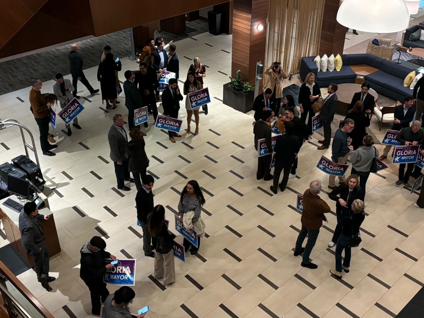 Supporters of San Diego Mayor Todd Gloria waited on Election Night, Nov. 5, 2024in the lobby of the Westin San Diego Gaslamp Quarter hotel.
