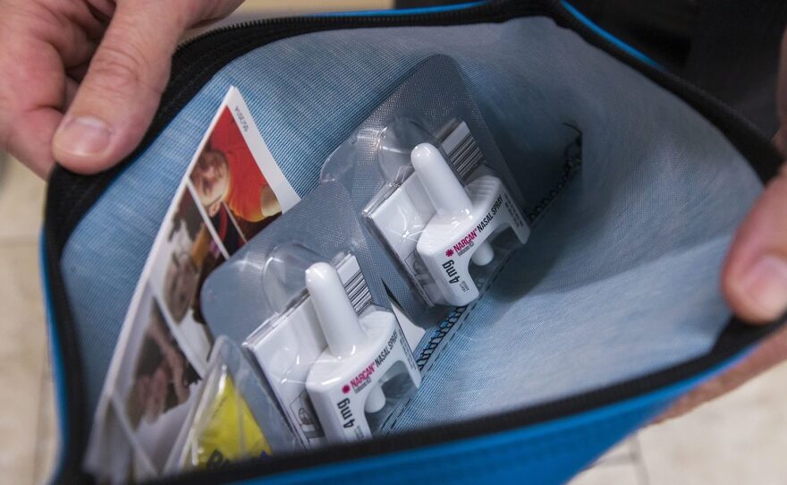 The contents of the naloxone kit inside an AED box located in the VA West Roxbury cafeteria.