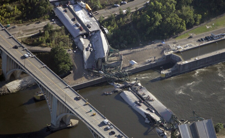 The collapsed 35W bridge in Minneapolis seen on August 2, 2007.