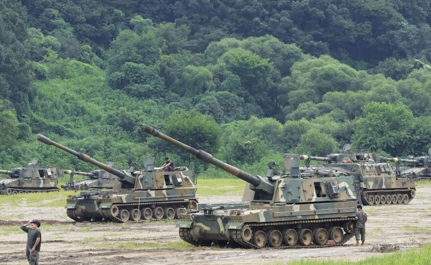 South Korean army K-9 self-propelled howitzers take positions in Paju, near the border with North Korea, South Korea, Monday, Aug. 22, 2022.