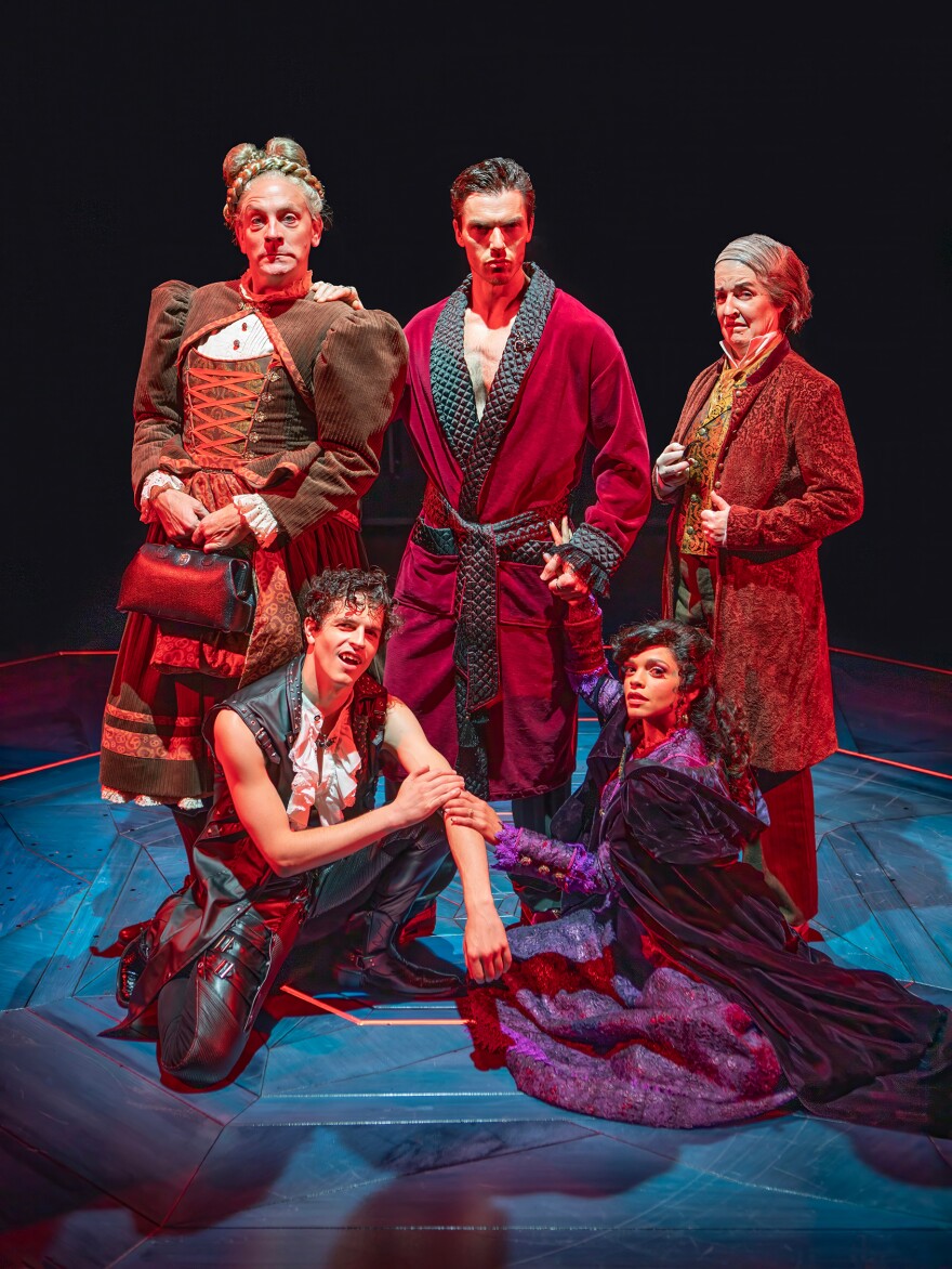 (Clockwise from left) Drew Droege, George Krissa, Linda Mugleston, Gizel Jiménez, and Brady Dalton Richards in "Dracula, A Comedy of Terrors." (2024)