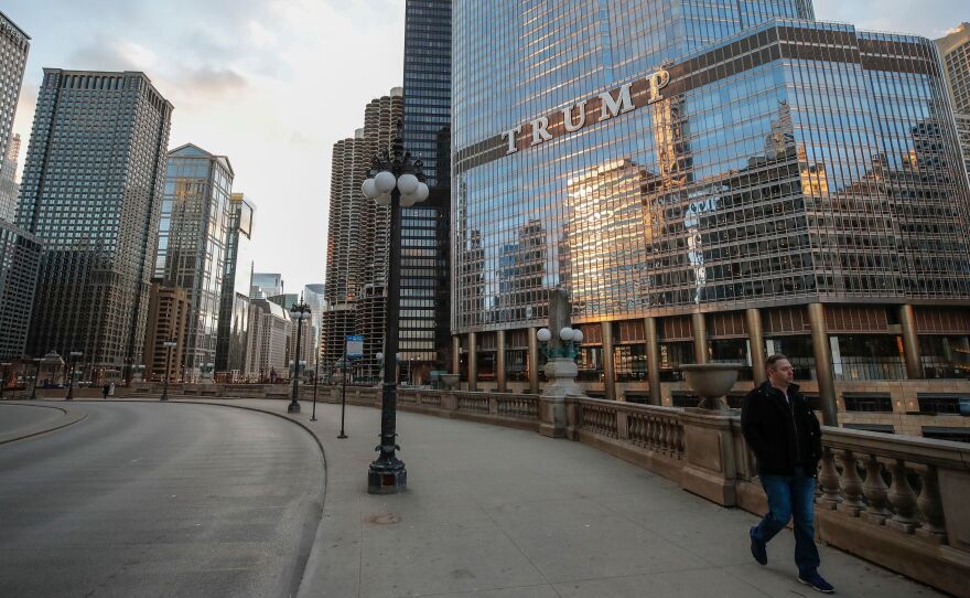 The Trump International Hotel and Tower is pictured in Chicago on March 21. President Trump and members of Congress are barred from benefiting from the forthcoming economic stimulus package.
