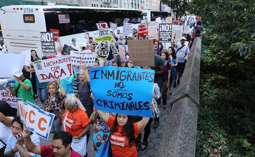Hundreds of immigration advocates and supporters attend a rally and march to Trump Tower in support of the Deferred Action for Childhood Arrivals program, also known as DACA, on Wednesday in New York City.