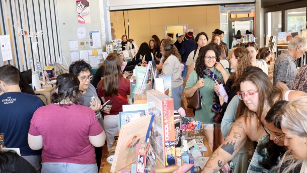Book Crawl goers inside LIbrary Shop SD during the San Diego Book Crawl, April 2025.