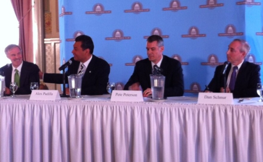 Secretary of state candidates Derek Cressman (D), Sen. Alex Padilla (D), Pete Peterson (R) and Dan Schnur, an independent, debate in Sacramento on April 23, 2014.