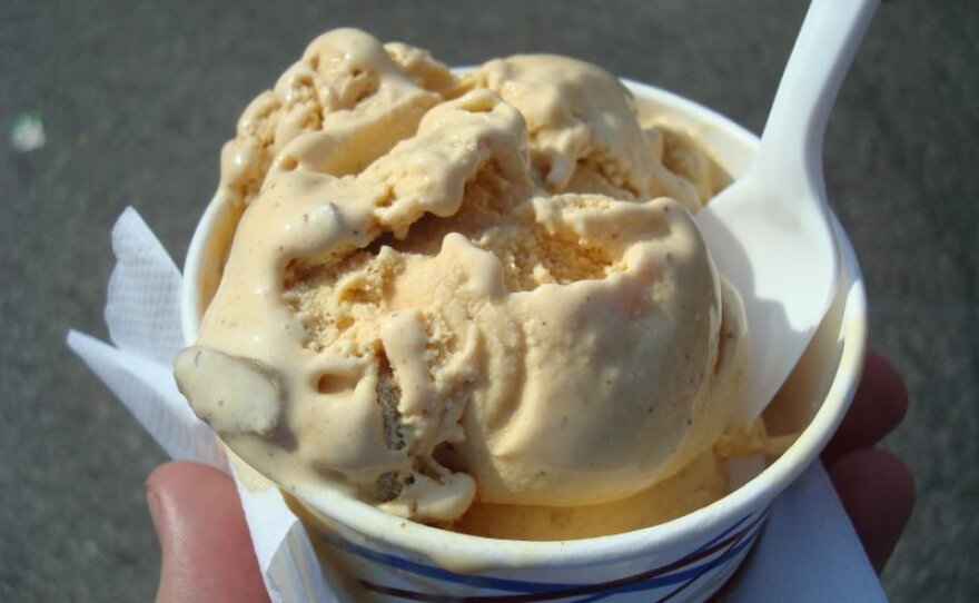 A cup of pumpkin ice cream with chunks of frozen candy cap mushrooms. The candy cap variety is said to have the fragrance of maple syrup.