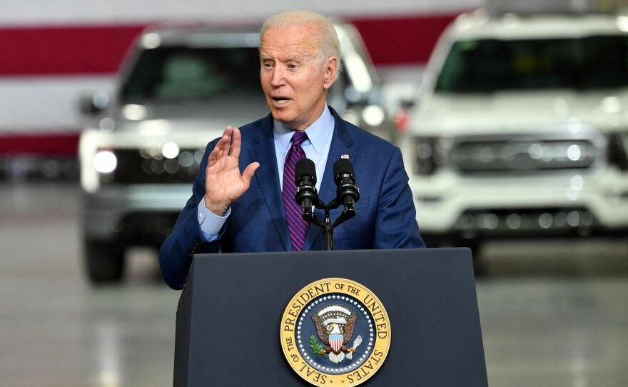 President Biden delivers remarks at the Ford Rouge Electric Vehicle Center, in Dearborn, Michigan on May 18, 2021. The Biden administration has been pushing for a faster transition to electric vehicle, including by investing billions to help build a nationwide network of public chargers.