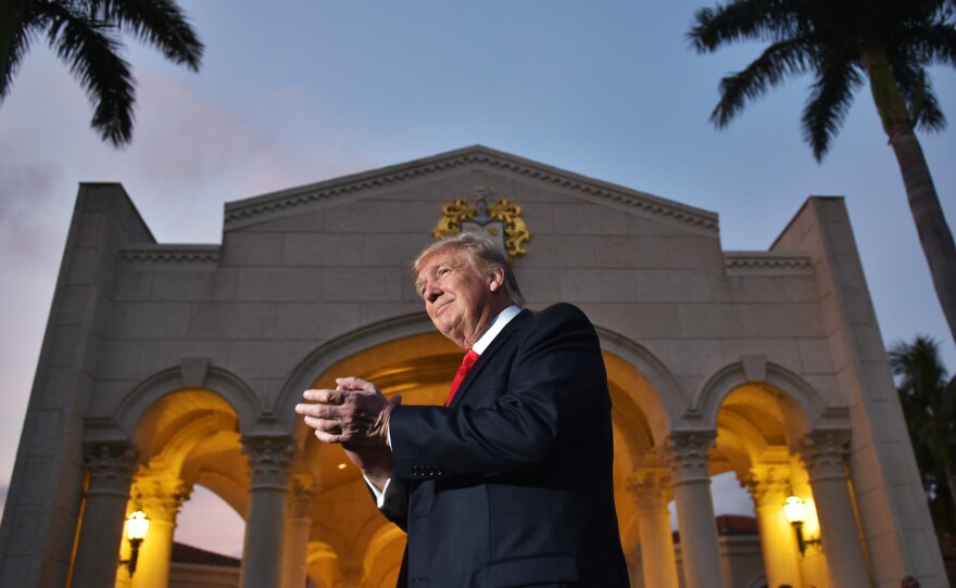 President Trump arrives to watch the Super Bowl at Trump International Golf Club in West Palm Beach, Fla., on Sunday.