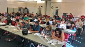 About 100 people gathered at the local American Red Cross in Kearny Mesa Tuesday to learn how they can help people displaced by Hurricanes Harvey and Irma. September 12, 2017.