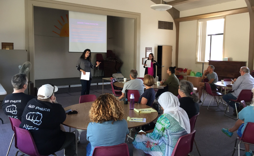 Mejgan Afshan, public affairs and policy coordinator at CAIR San Diego, leading a bystander and intervention training course at St. Marks United Methodist Church on September 9, 2017.