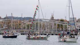 Boats carrying activists and humanitarian aid for Palestinians in Gaza reposition in the port during a symbolic send-off as part of the Global Sumud Flotilla, in Barcelona, Spain, Sunday, April 12, 2026.