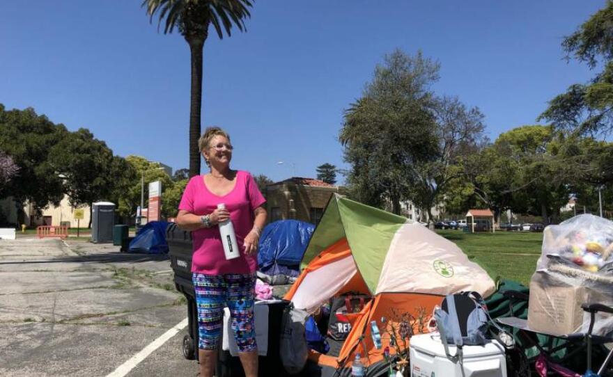 Former Air Force medic Lisa Thompkins is pictured among the veterans living at the West L.A. VA's tent encampment in this undated photo.