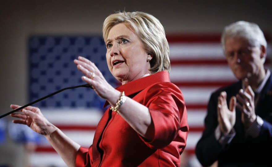 Democratic presidential candidate Hillary Clinton arrives on stage for a Nevada Democratic caucus rally in Las Vegas.