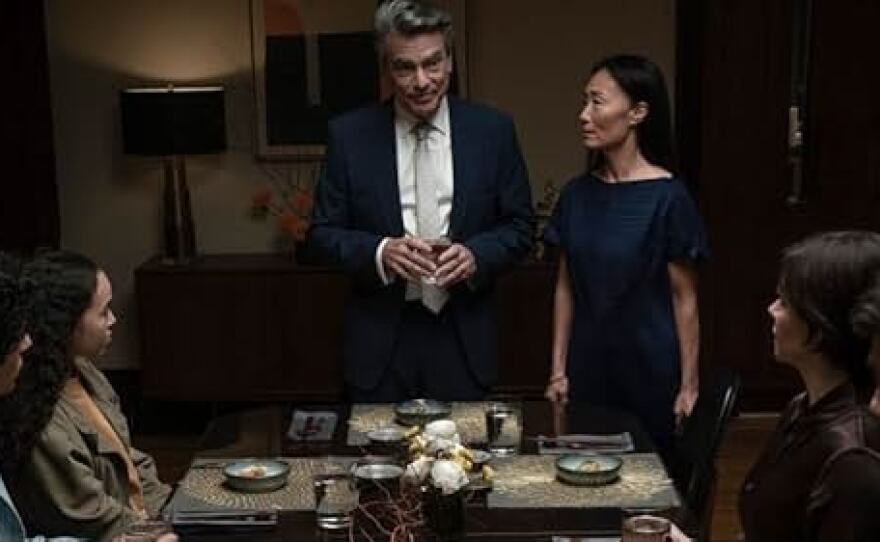 Peter Gallagher as Charles York, oversees a family dinner that does not go as planned in Caitlin Cronenberg's "Humane," which is now streaming on Hulu. (2024)