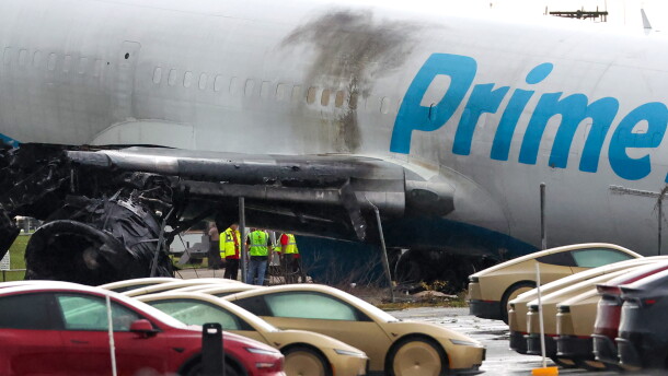 An Amazon cargo plane sits at Miami International Airport after overshooting a runway on Monday, Sept. 7, 2026, in Miami.