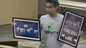 "Why is more God not good?" asked Srivan Krishna, as he sought to donate colorful "In God We Trust" signs at a school board meeting earlier this week.