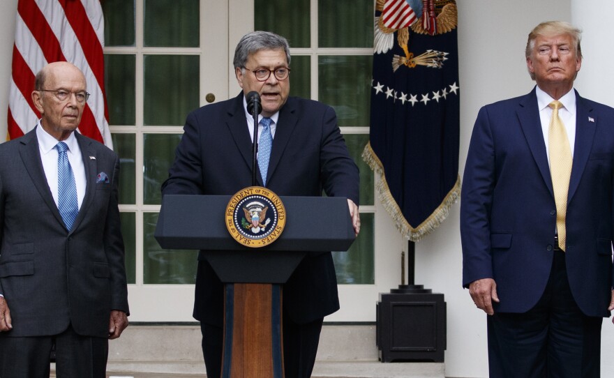 Attorney General William Barr speaks as he stands with President Trump and Commerce Secretary Wilbur Ross during an event about the census in the Rose Garden at the White House earlier this month.