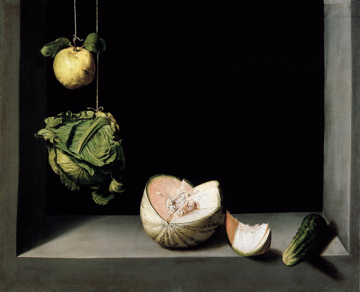 Juan Sánchez Cotán, "Quince, Cabbage, Melon, and Cucumber," ca. 1602. Oil on canvas.