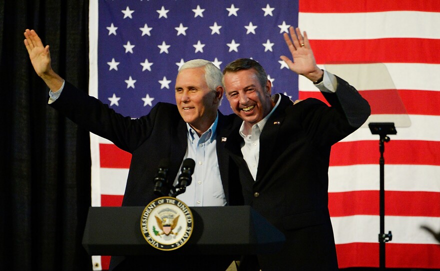 Vice President Mike Pence and gubernatorial candidate Ed Gillespie, R-VA, wave during a campaign rally Saturday at the Washington County Fairgrounds in Abingdon, Va.