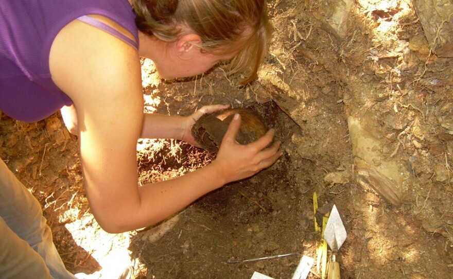 Archaeologist Sam Cox removing skull.