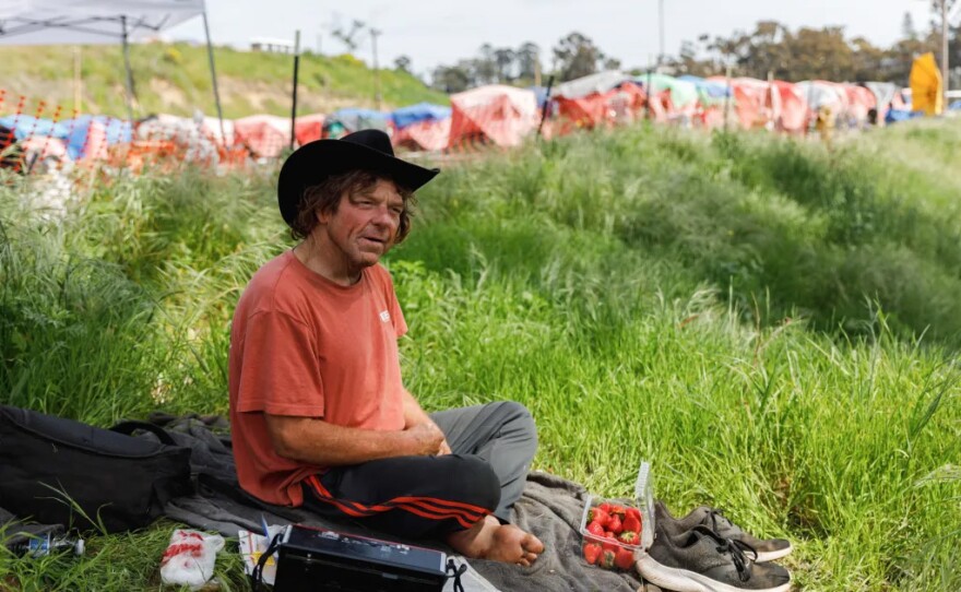 Shawn Swearingen, 55, at the O Lot Safe Sleeping site at Balboa Park in San Diego on March 22, 2024.