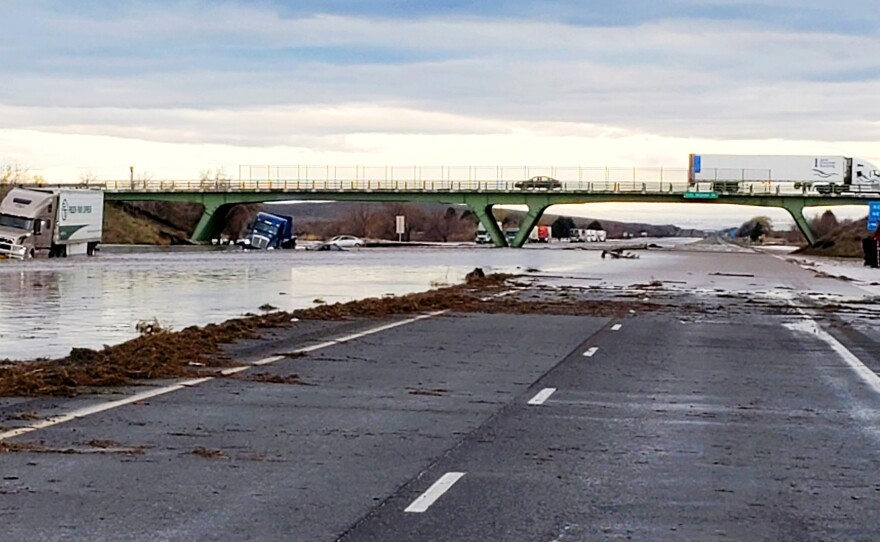 This photo provided by the Oregon State Police shows severe flooding on Interstate 84, a major freeway linking Idaho and Oregon, near Hermiston, Ore., on Feb. 7, 2020.