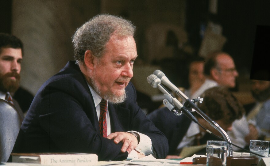 Supreme Court nominee Judge Robert Bork testifies on the fourth day of his Supreme Court confirmation hearing in Washington, DC, in 1987. Nominated by President Reagan, Bork was ultimately rejected by the Senate.