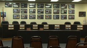 An empty Sweetwater School Board of Trustees chambers.