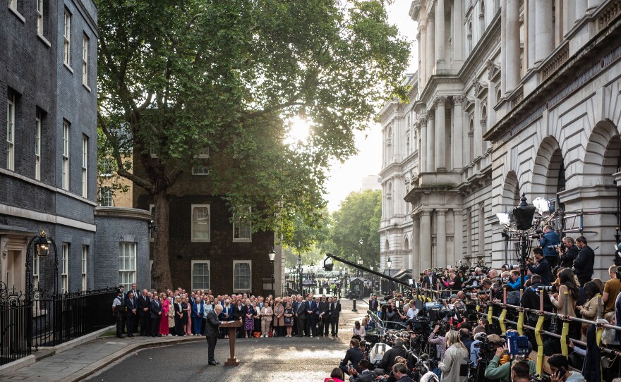 British Prime Minister Boris Johnson delivers a farewell address before his official resignation at Downing Street in London on Sept. 6.