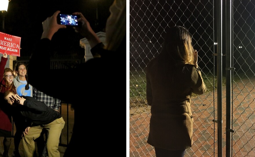 Supporters of both Trump (left) and Clinton (right) gathered on the north side of the White House on Tuesday night.