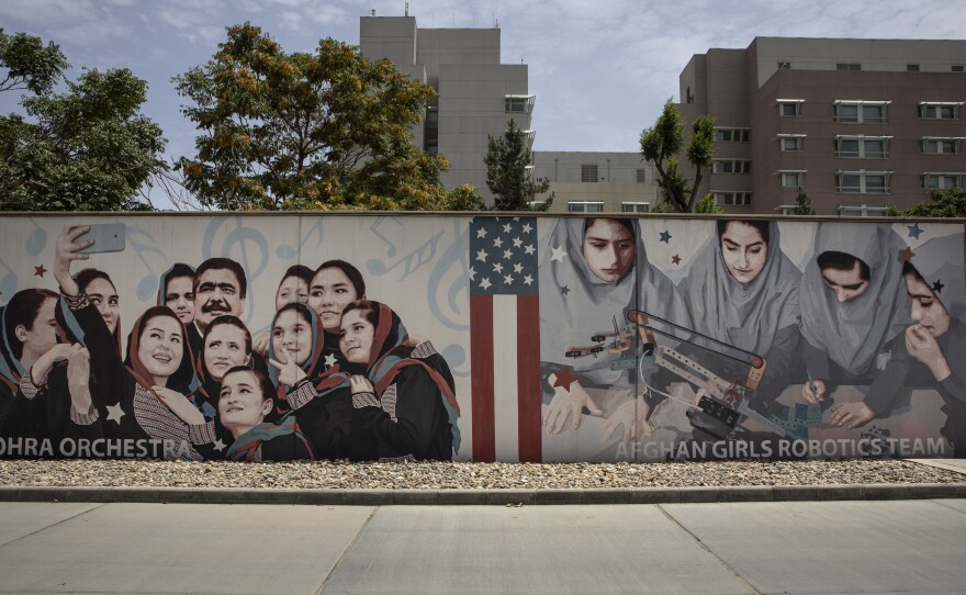 Murals are seen along the walls at a quiet US embassy on July 30, 2021 in Kabul, Afghanistan.