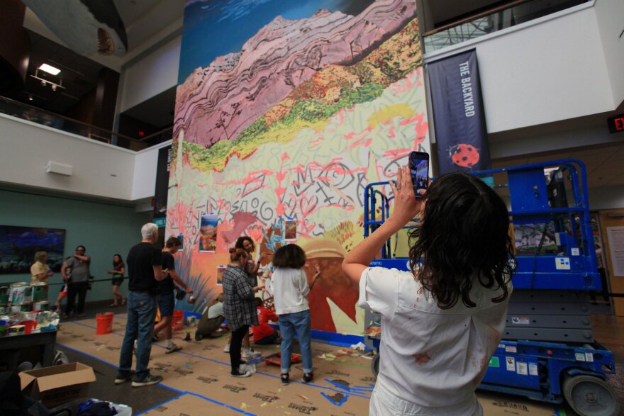 Artist Eva Struble photographs her own mural-in-progress at the San Diego Natural History Museum on Oct. 6, 2023.
