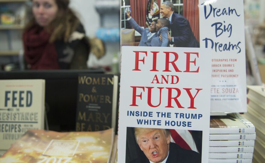 A copy of Fire and Fury sits on display at a bookstore in Washington, D.C., on Friday. The book was rushed into bookstores and onto e-book platforms because of demand and the threat of a lawsuit from President Trump.