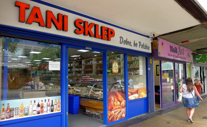In Crawley, England, the name of the Polish grocery store Tani Sklep means "cheap shop" in Polish. Crawley has a large community of Poles and other EU migrants, drawn to jobs at nearby Gatwick Airport.