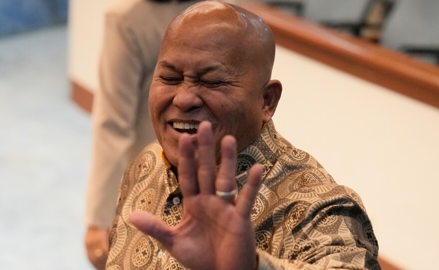 Philippine Senator Ronald dela Rosa gestures to reporters at the Philippine Senate in Pasay, Philippines on Wednesday, May 13.
