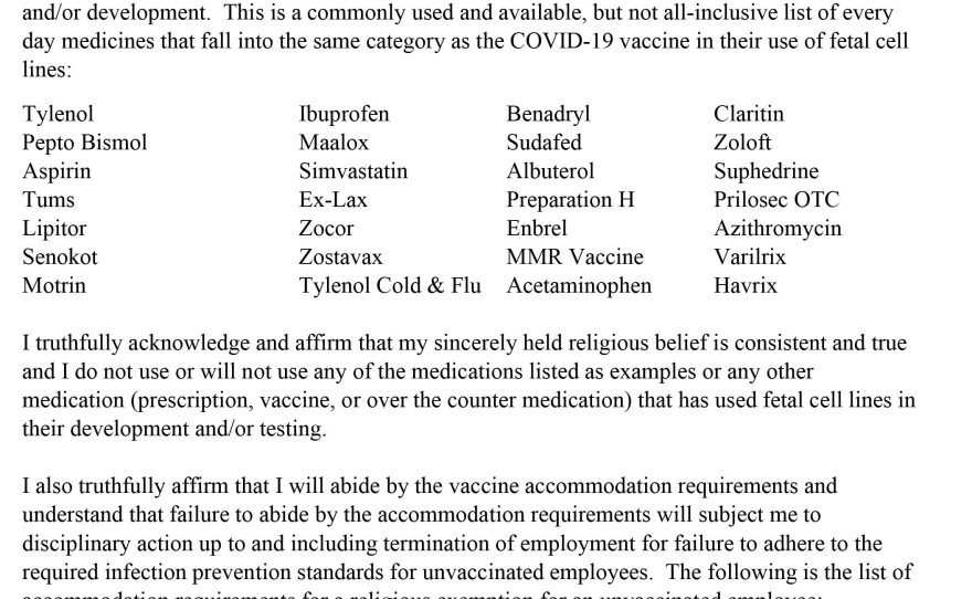 As part of an education campaign, Conway Regional Health System sent this form out to employees who requested religious exemptions to the hospital's COVID-19 vaccine mandate.
