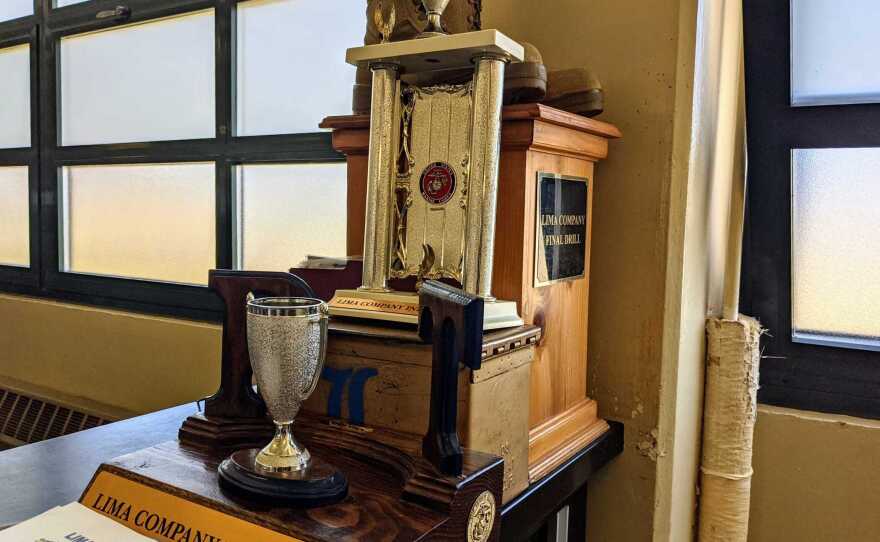 The final drill, initial and final physical fitness test trophies won by the all-female platoon of Lima Company, the first co-ed recruiting class at Marine Corps Recruit Depot, San Diego, April 7, 2021.