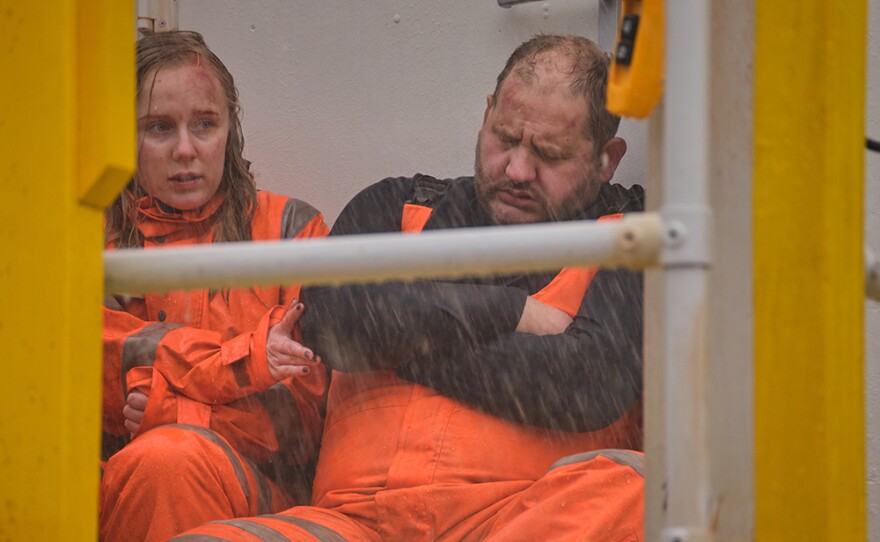 Audrey (Alexa Davies) and Stewart (Tony Way) weather the storm.