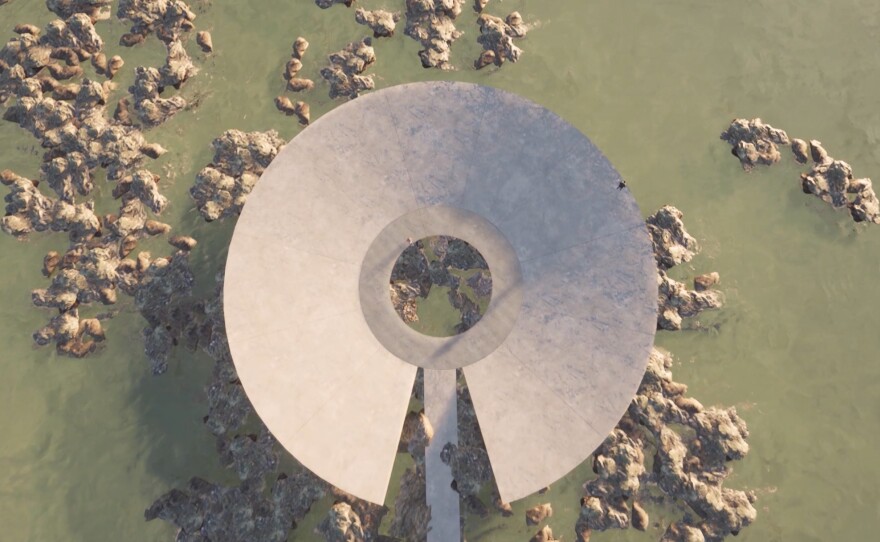 An aerial rendering of the Gómez Platero design for the COVID-19 memorial in Montevideo, Uruguay.