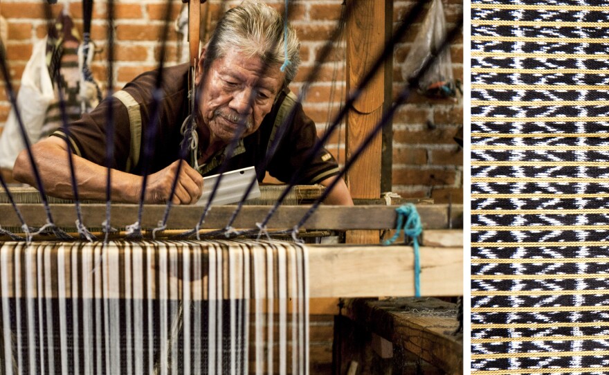 Enrique Antonio Tinoco Jaimes crafts a rebozo on a traditional loom in the rebozo workshop of Don Fermín Escobar in Tenancingo, Mexico. At right, a detail from a rebozo.