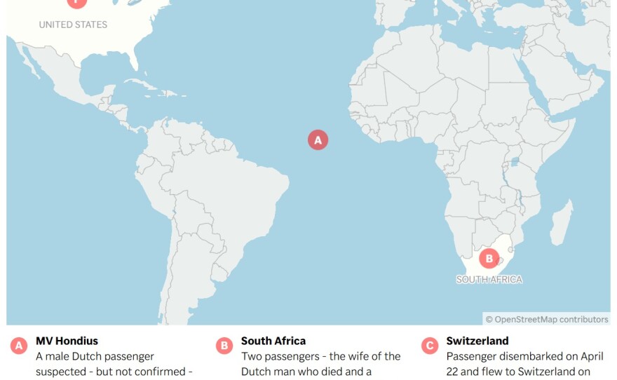 Map showing the locations of hantavirus cases from the MV Hondius.