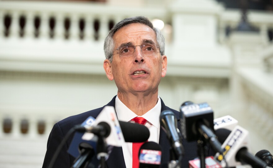Georgia Secretary of State Ben Raffensperger holds a press conference on the status of ballot counting in Atlanta on Friday.