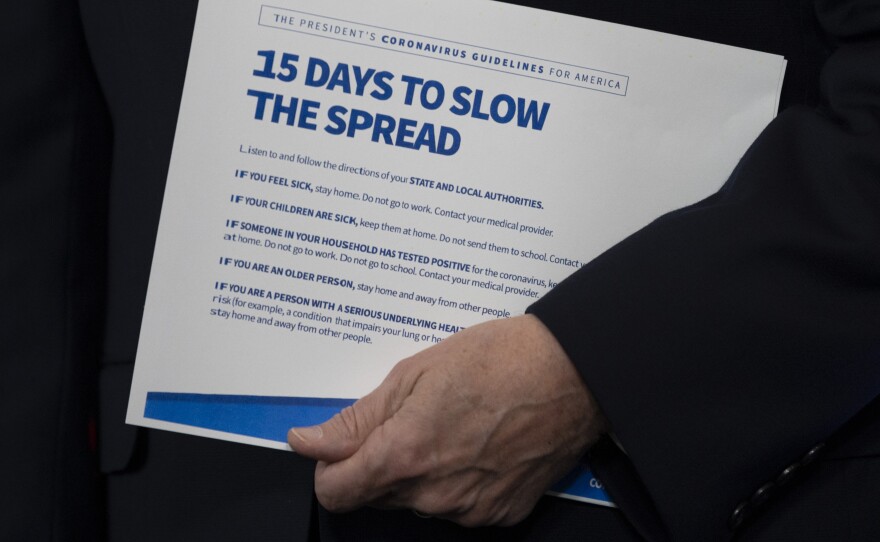 Vice President Pence holds guidelines for reducing the spread of coronavirus at a White House briefing.