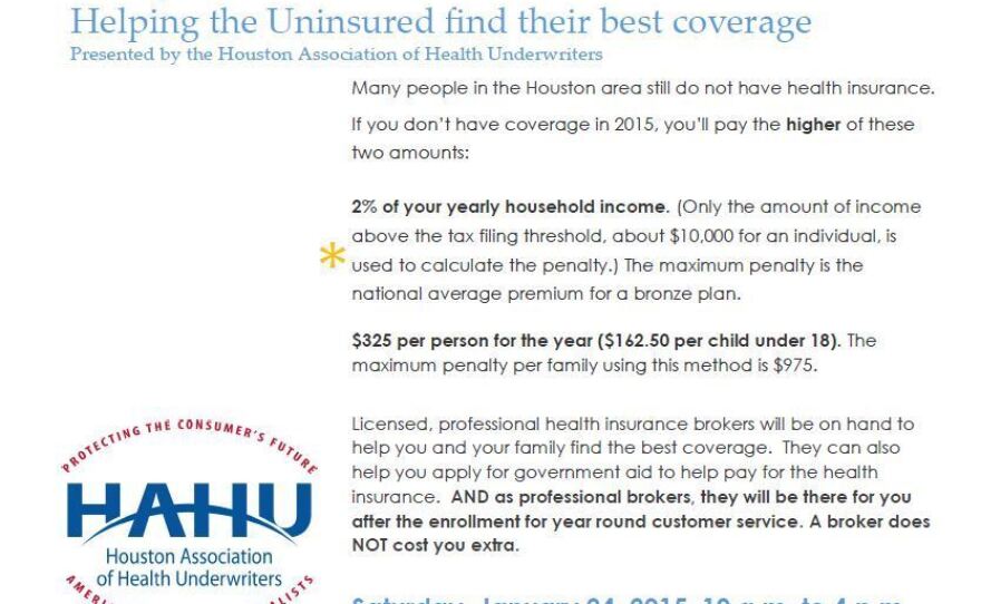 A brochure by insurance brokers in Texas offering to help sign up people for insurance under the Affordable Care Act.