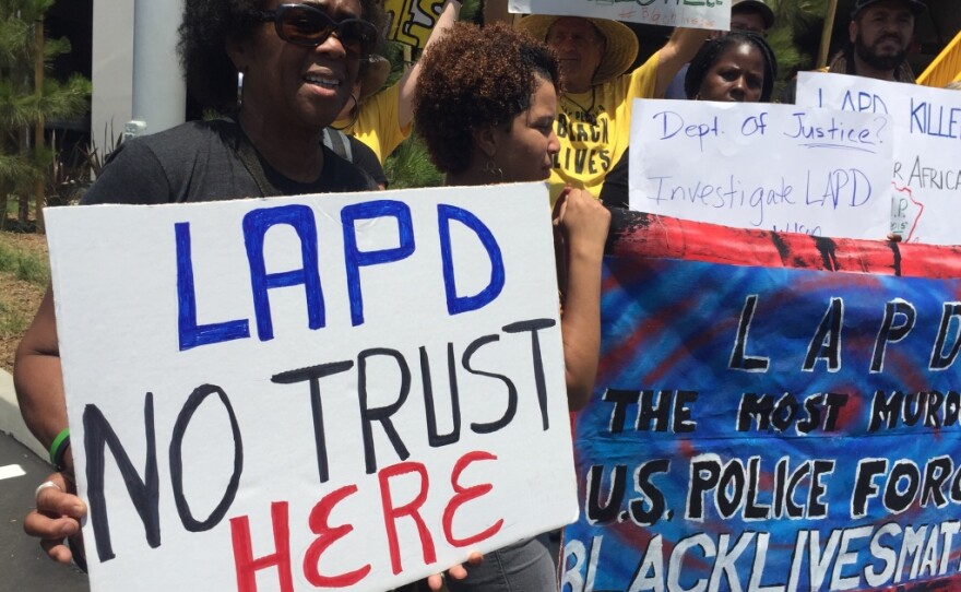 Black Lives Matter activists protest U.S. Attorney General Loretta Lynch in Playa Vista, June 30, 2016.