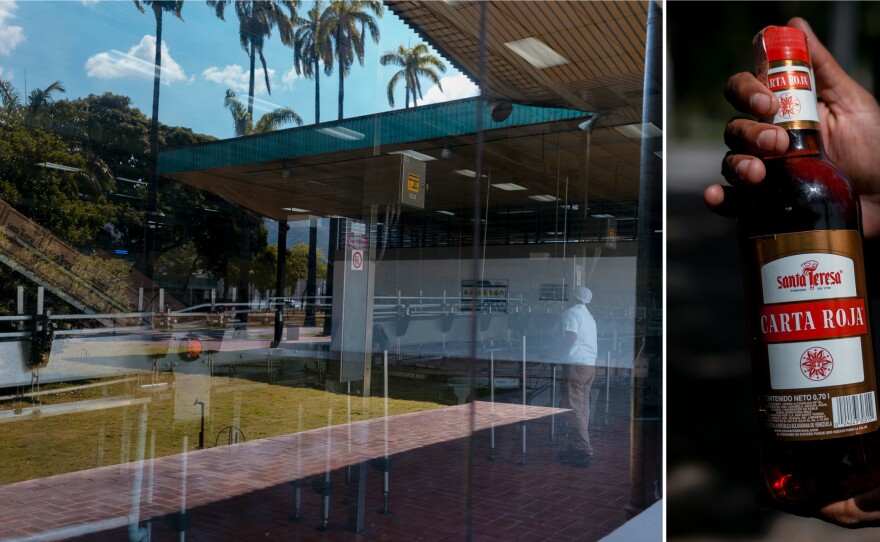 Left: A worker at Santa Teresa rum factory oversees the bottling process. Right: The estate belongs to one of the most popular rum brands in Venezuela.