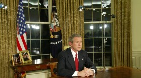 Then-President George W. Bush addressed the nation March 19, 2003, in the Oval Office of the White House. Bush announced the U.S. military struck at "targets of opportunity" in Iraq.
