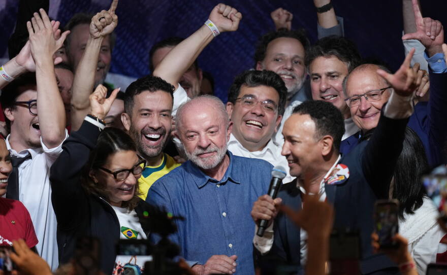President Luiz Inacio Lula da Silva addresses supporters after winning a fourth term in the presidential runoff in , Brazil, Sunday, Oct. 25, 2026.